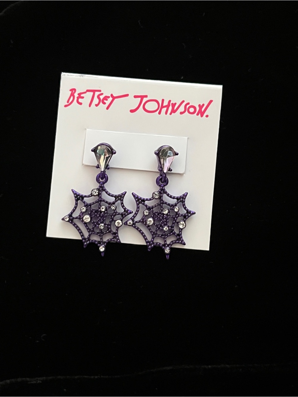 Betsey Johnson Iridescent Crystal Purple Spider Web Drop Earrings